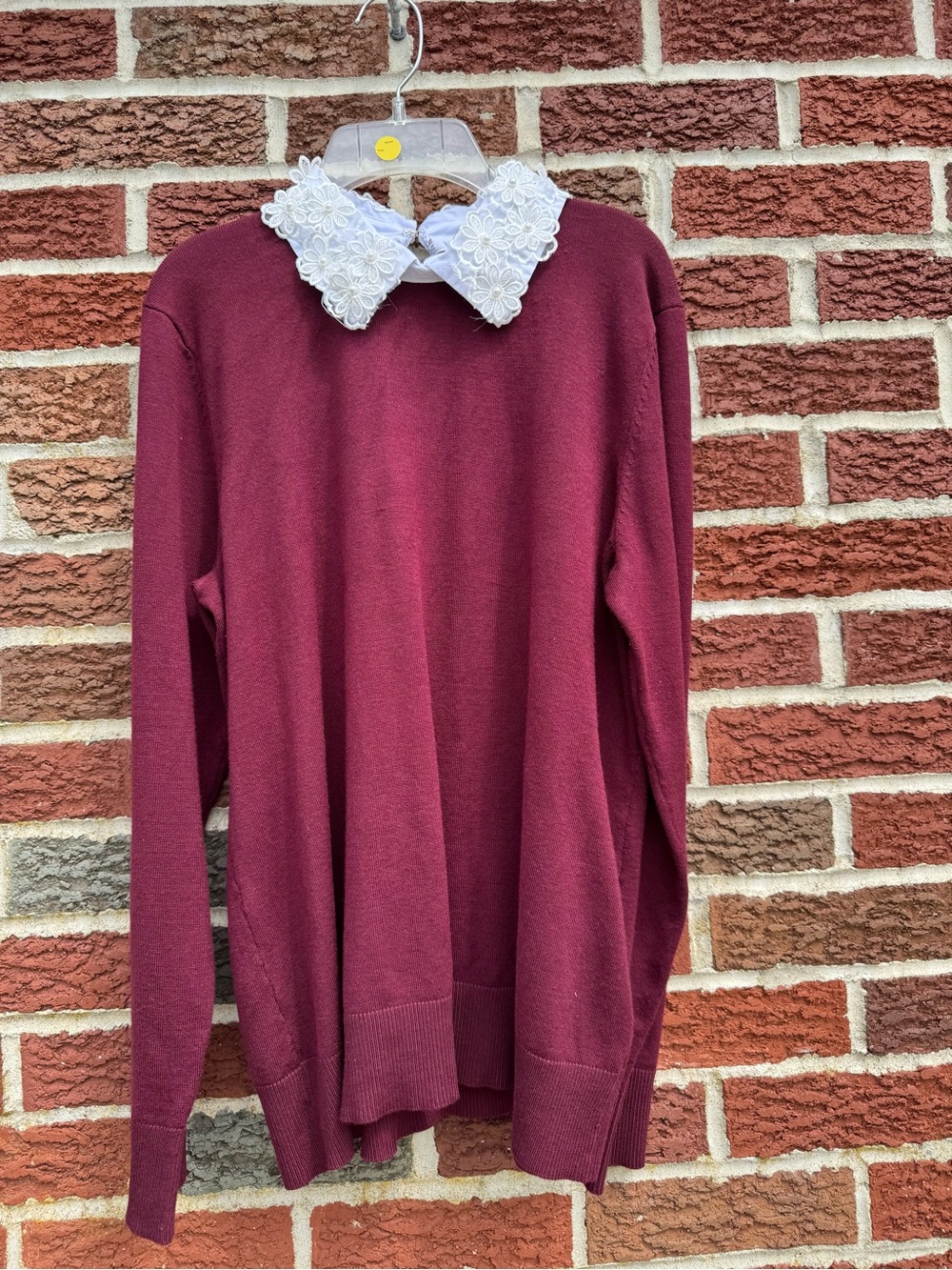 Cable & Gauge Burgundy Sweater with White Lace Collar